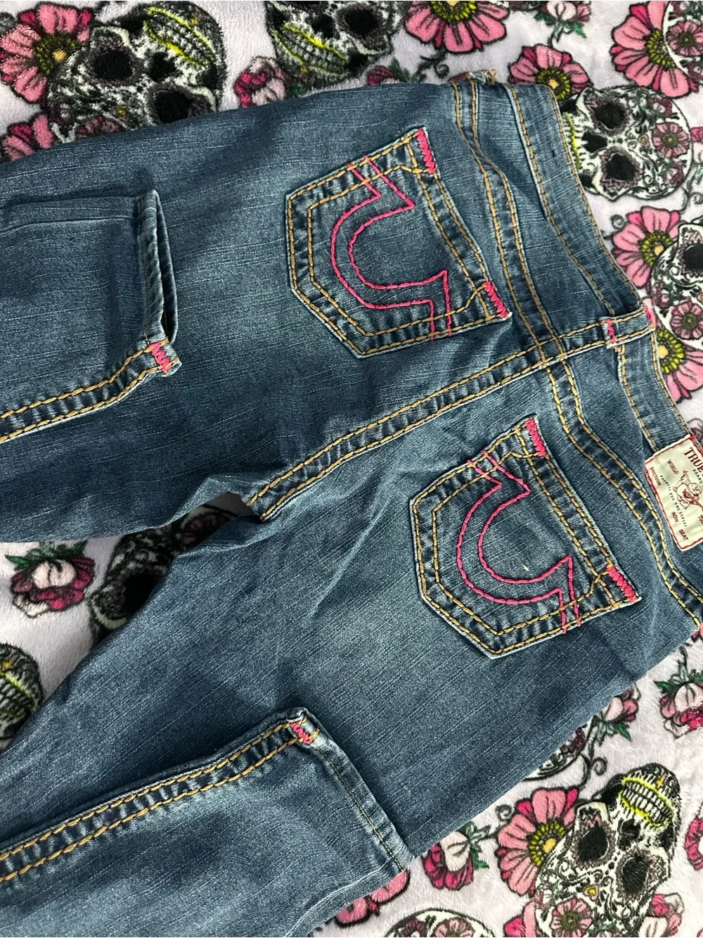 True Religion Dark Blue Skinny Jeans with Pink Stitching